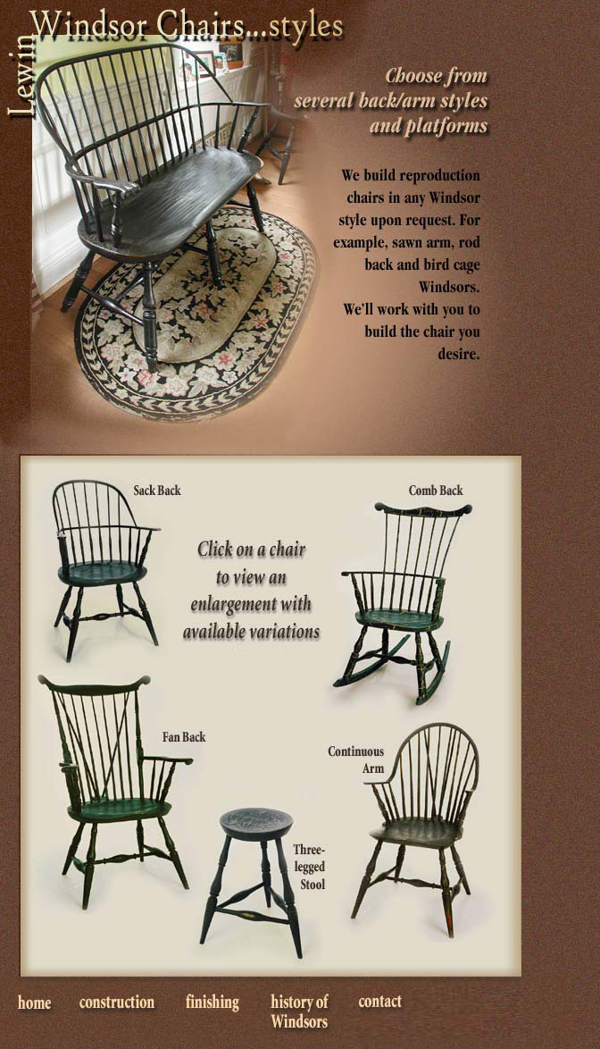 Image shows sack back, fan back, comb back,  and continuous arm chairs, and stools with links to  pages about each.