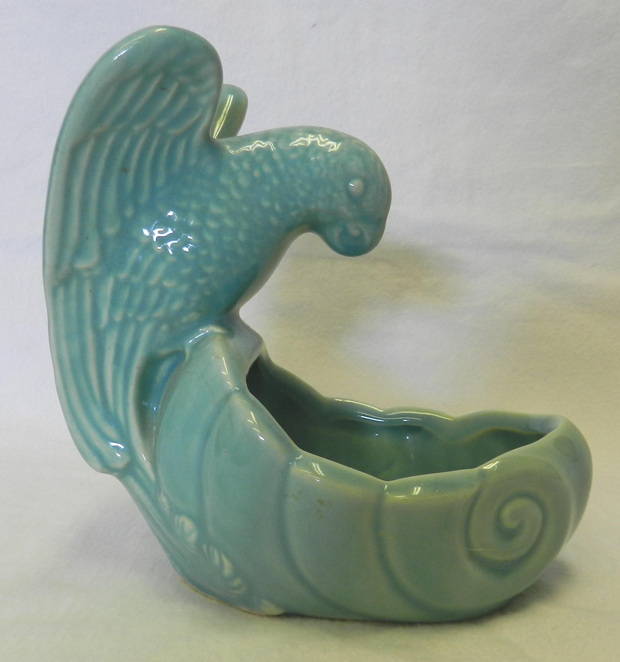 Vintage Aqua Blue Bird Glazed Pottery Plant Flower Planter Soap Dish 