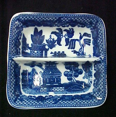 New Blue Willow Porcelain China Wasabi Divided Dish Soy  