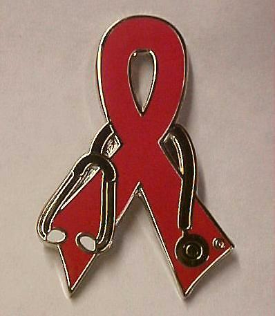 Aids Awareness Red Ribbon Doctor Nurse Stethoscope Pin